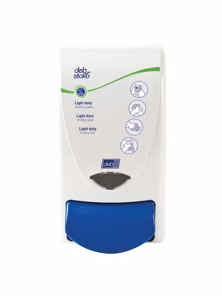 Deb Stoko Cleanse Light dispenser för krämig tvål med rengörande effekt, vit plast med blå tryckknapp, 1 L